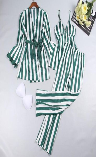 

satin sleepwear female women pajamas sets fashion spaghetti strap stripes sleep lounge summer home clothing pijama 3 piece s17553502, Red;black