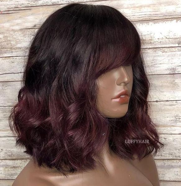 

99j ombre wave human hair scalp wigs with bangs 250 density short wavy full machine made for women lace7353313, Black;brown