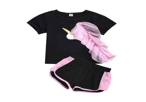 

ins baby girls unicorn shorts outfits children falbala gauze short sleeve tshirtshorts 2pcs sets 2020 summer new kids clothing a9698596, White
