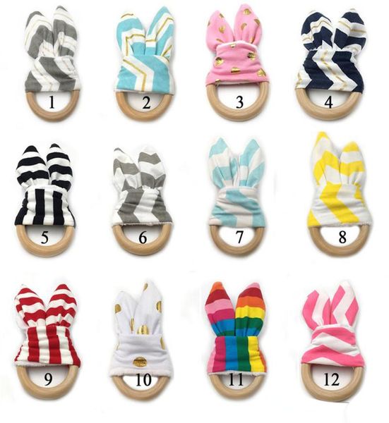 

12 colors quality ins baby infant wooden teether toy healthy wood circle with rabbit ear fabric teeth practice toys training ring3352819