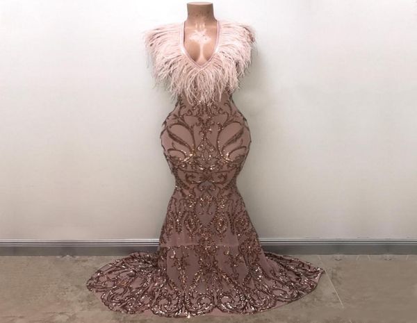 

sparkly feathers mermaid prom dresses deep vneck sequin lace appliques mermaid evening gowns african dubai vestidos de fiesta1242256, Black