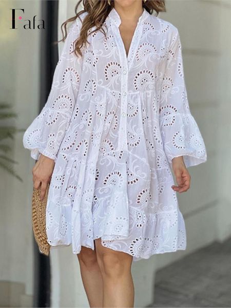 

basic casual dresses summer loose vintage solid lace dress fashion v neck flare sleeve embroidery women hollow out pattern mini 230701, Black;gray