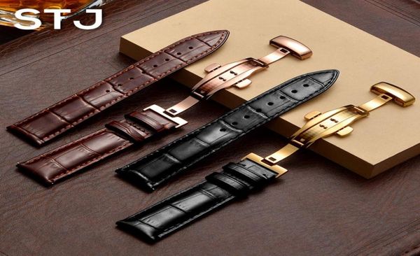 

stj calfskin leather watchband sized in 16mm 18mm 19mm 20mm 21mm 22mm watch band with butterfly buckle for watch strap3031699, Black;brown