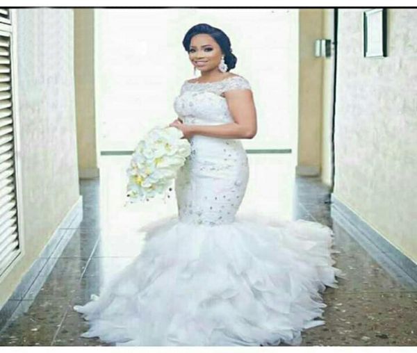 

lace wedding dress factory custom made mermaid off shoulder ruffles skirt bridal wedding gown9757786, White