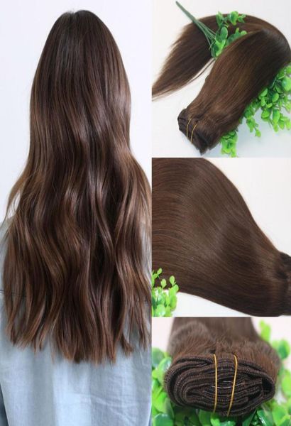 

8a clips human hair extension 4 dark brown straight brazilian human hair 7pcs 120gram 12inch 20inch 26inch2507592, Black