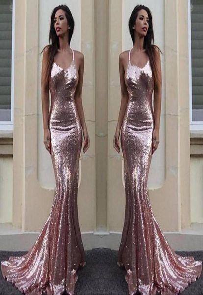 

rose gold mermaid evening dresses 2020 halter sequins long prom dresses formal party wear robe de soiree6977346, Black;red