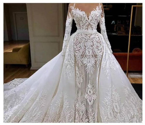 

real picture mermaid wedding dresses with detachable train lace applique sweep train generous country bridal dress long sleeve wed9500887, White