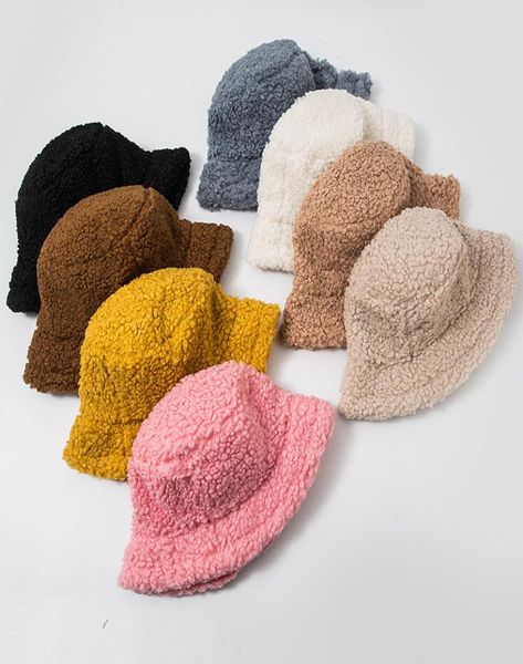 

winter bucket hat lamb faux fur girls warm hats thickened plush fisherman hat 2021 casual caps kids gift 7 colors z23473334571, Yellow