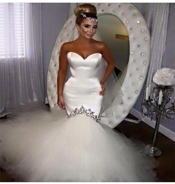 

2016 new gorgeous satin tulle appliques sweetheart long mermaid wedding dresses custom made bridal gowns w487326443, White