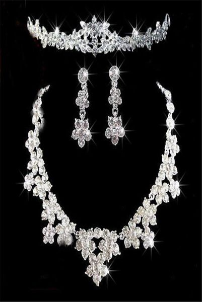 

romantic crystal three pieces jewelry sets flowers bridal jewelry set bride necklace earring crown tiaras wedding party accessorie8010251, White