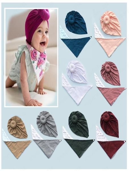 

10 colors cute infant toddler knot donut indian turban bib sets kids triangle scarf caps baby coral fleece hat burp cloths 8562600, Yellow