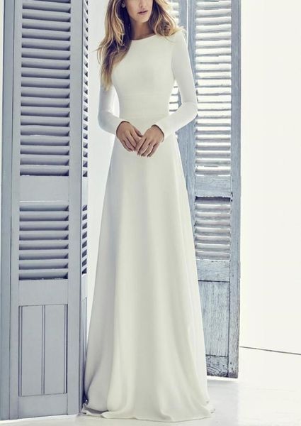 

crepe aline modest wedding dress with long sleeves jewel neck coverd back short train women informal bridal gown1048564, White
