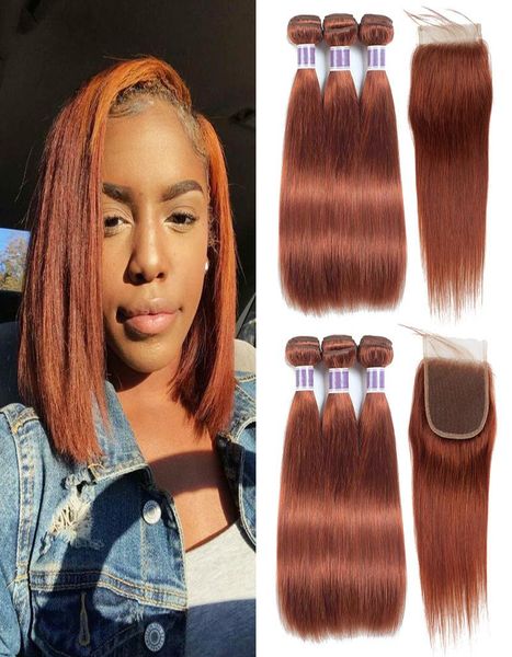 

brazilian virgin hair 3 bundles with 4x4 lace closure 33 auburn red color silky straight human hair weave bundles with closure pr3150146, Black;brown