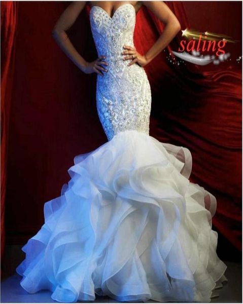 

crystal beading wedding dresses with cascading ruffles skirt abiti da sposa sirena mermaid strapless beaded wedding dress bridal g8247371, White