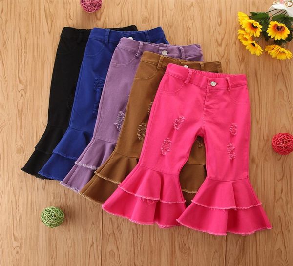 

fashion new kids jeans girl flared pants button denim hole trousers children falbala jeans a45221763315, Blue