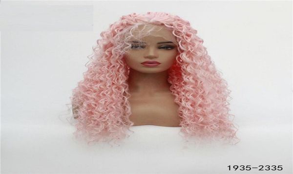 

pink color kinky curly synthetic hair lacefront wig hd transparent lace frontal perruques de cheveux humains wigs 193523354925115, Black;brown
