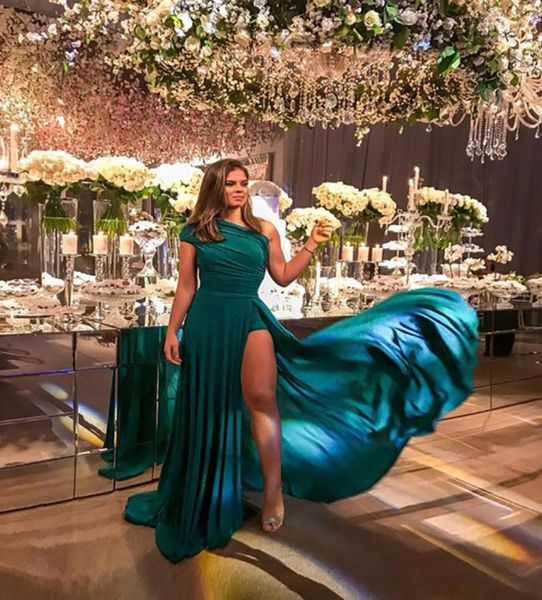 

vestidos de festa elegant green oneshoulder prom dresses high slit cap sleeve prom gown draped straight long party dresses2950242, Black