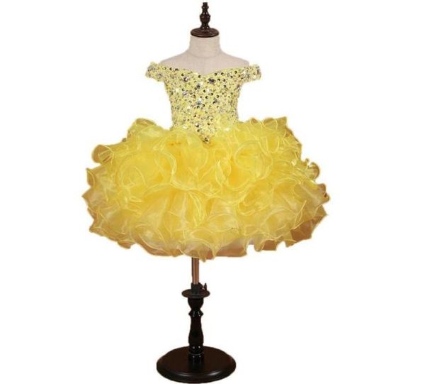 

stunning yellow girls pageant dresses 2022 toddle cupcake ruffles crystal bling rhinestones organza off shoulder flower girls dres1191717, White;red