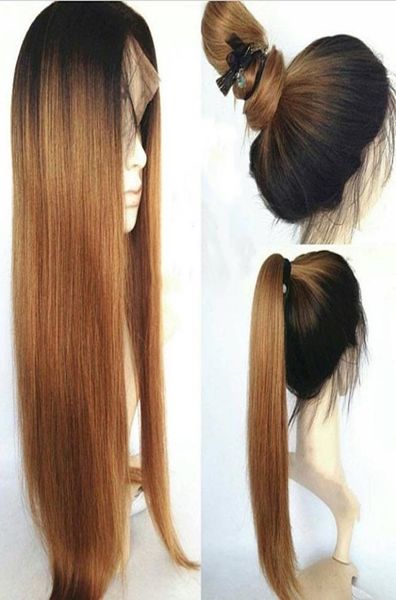 

fashion 150 density black roots ombre blonde long straight wig can wash natural ponytail style glueless synthetic lace front wigs3961434