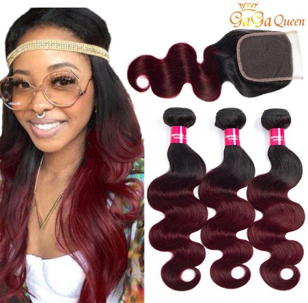 

ombre brazilian hair bundles body wave 1b burgundy 99j human hair weave with 4x4 lace closure two tone colored hair wefts extensio4809089, Black;brown
