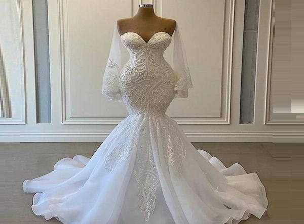 

elegant white mermaid wedding dresses bridal gowns beads lace applique nigerian arabic marriage dress robe de mariee7470048