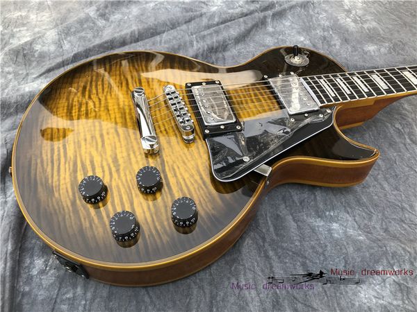 

custom neck and body flame maple guitars, yellow metal accessories, oem guitars