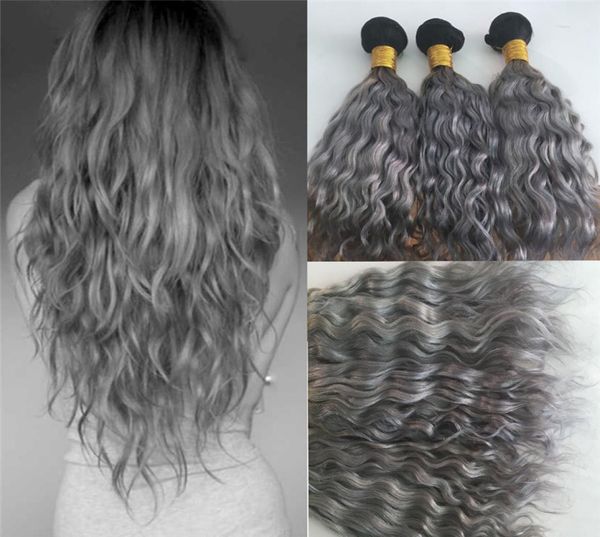

ombre color brazilian virgin human hair bundles 1b grey human hair weves two tone water wave hair weft 3pcs9375584, Black