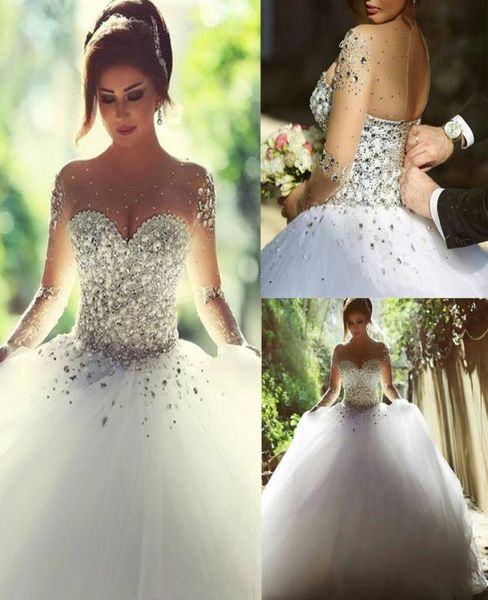 

2019 vintage long sleeves wedding dresses with rhinestones crystals beaded lace up back ball gown plus size dress arabic bridal go5230821, White