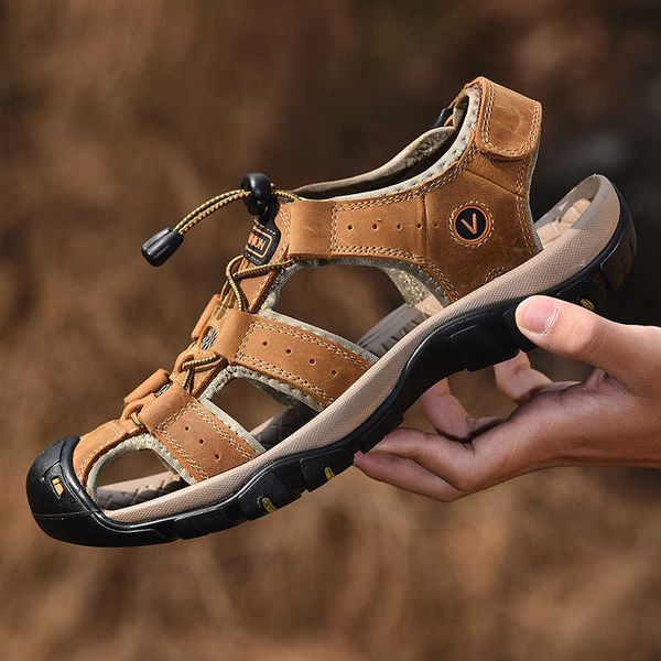 

mens genuine leather sandals outdoor breathable beach shoes slippers, Black