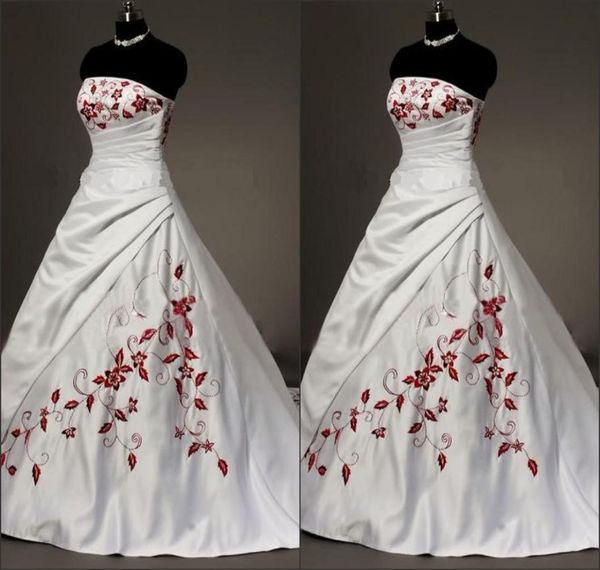 

white satin red embroidered wedding dresses plus size ball gown for bride 2022 strapless laceup pleats draped vintage wedding gow3028029