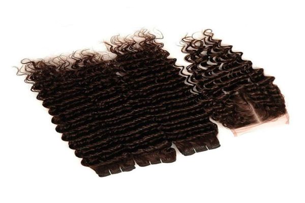 

dark brown brazilian virgin hair weaves with closure deep wave 4 chocolate brown human hair bundles deals 3pcs with 4x4 front lac2426579, Black