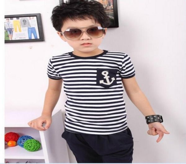 

children039s clothing summer new anchor black and white striped tshirt cotton children039s clothing 27 years old children4969495, Blue