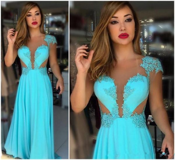 

turquoise dresses evening wear 2018 sheer neck cap sleeves illusion prom gown aline lae appliques beading floor length party5846324, Black;red
