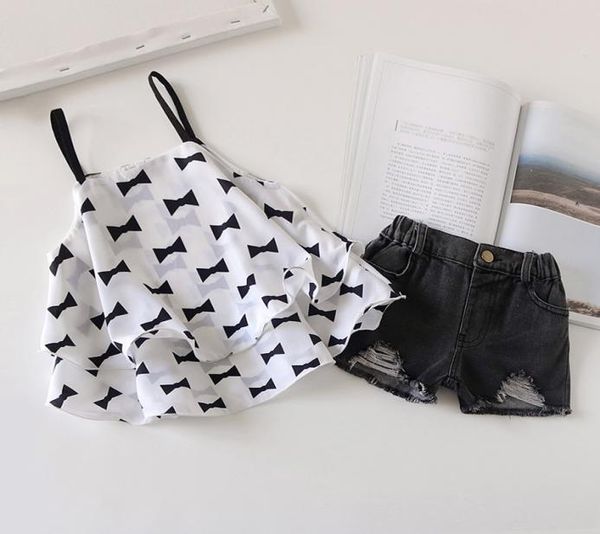 

15564 summer baby girls clothes set girl bowknot print sunshort jeans denim shorts kids children 2pcs set8143443, White