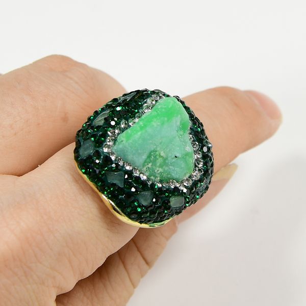 

natural green quartz chalcedony rough raw peridot finger rings anniversary women jewelry adjustable, Golden;silver