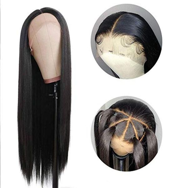

whole vendor raw cuticle aligned virgin hair unprocessed silk straight glueless human hair swiss lace front wig7430873, Black