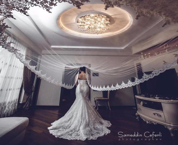 

whiteivory applique tulle 3 meters long bridal head veils with comb wedding accessories lace bridal veil veu de noiva cp7042301, Black