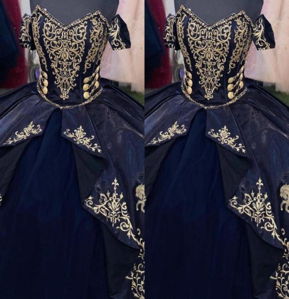 

gold embroidered horse quinceanera dresses 2023 navy blue ball gowns off shoulder princess layers sweet 16 dress graduation prom g9780887, Blue;red