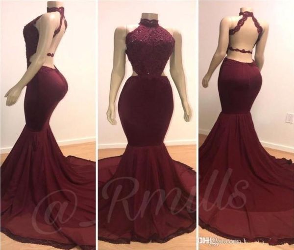 

real pos 2019 halter mermaid long prom party dresses burgundy lace applique beaded backless sweep train evening gowns plu2412296, Black