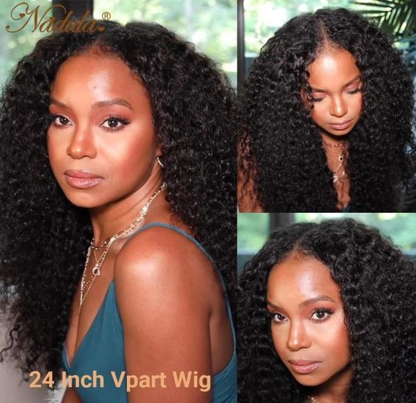 

lace front wigs part wig glueless no leave out kinky curly v shape brazilian human hair none glue thin vpart 150density8296494, Black