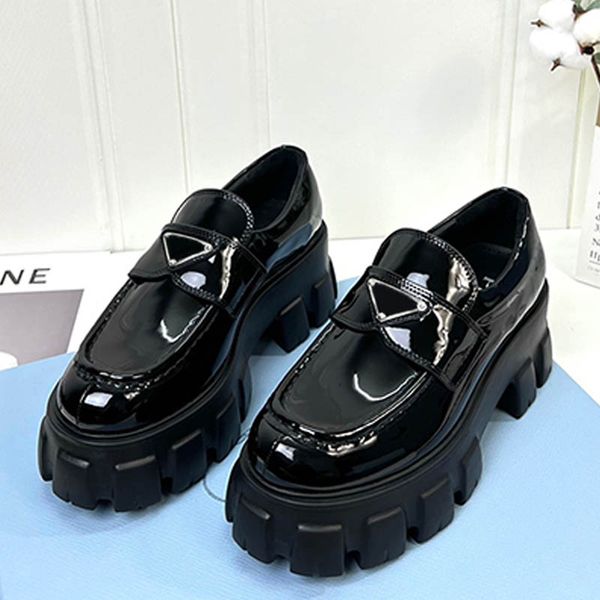 

monolith numbered brushed leather loafers women designer casual shoes with thick soles enamel metal triangle markings rubber soles outdoor c, Black