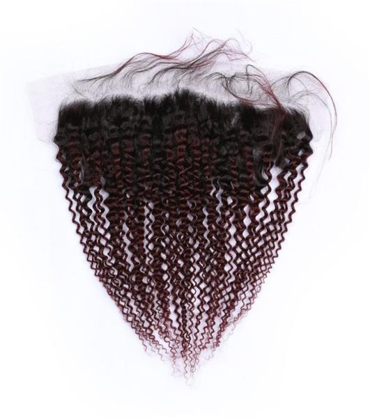 

brazilian burgundy ombre virgin human hair ear to ear lace frontals kinky curly 1b99j wine red ombre full frontals 13x4 lace clo9213055, Black;brown