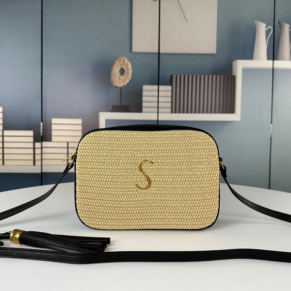 

lou camera bag in raffia genuine leather bags women straw knit purse fashion black brown cowhide chain shoulder handbag 71166