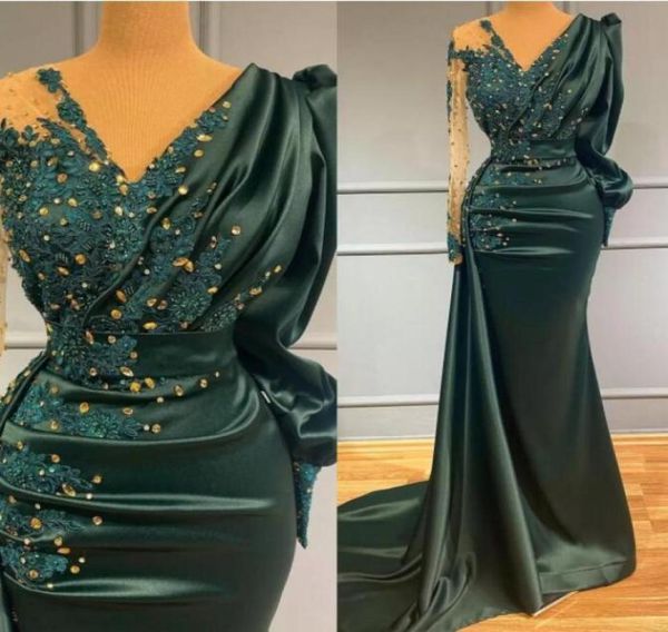 

dark green v neck evening dresses party wear satin crystal long sleeves mermaid prom dress custom made women formal gowns 20224891419, Black