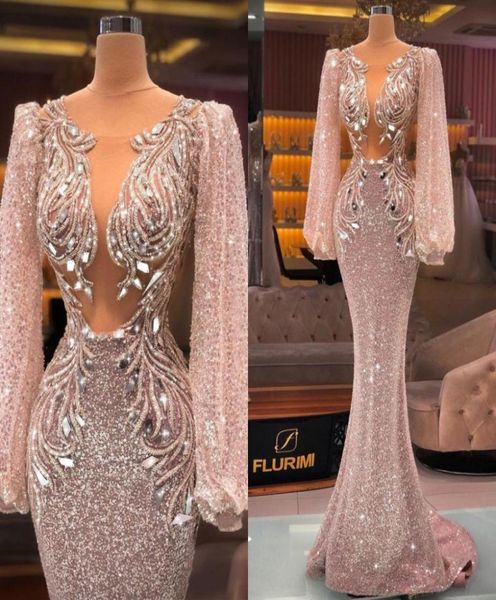 

sparkly arabic pink sequined prom dresses beaded crystal long sleeve mermaid evening dress custom made party gowns 03295491464, Black