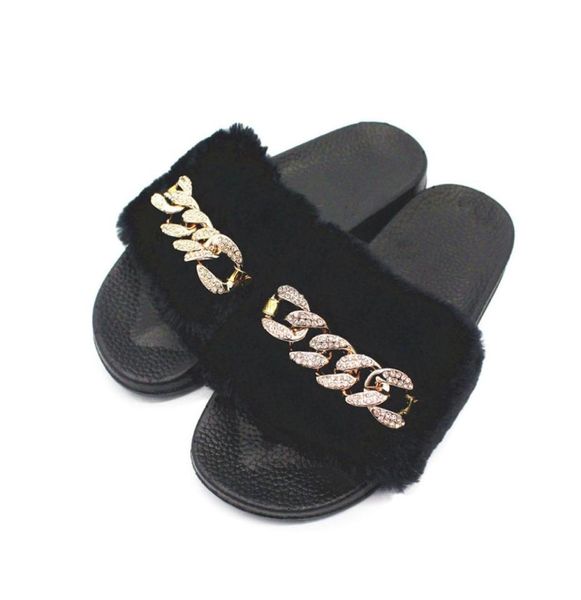 

2021 woman diamond slippers with chain fashion outdoor beach shoes for female warm fur slippers for whole4590256