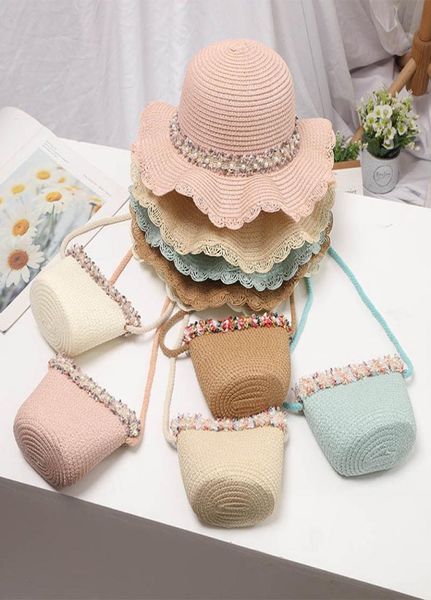 

girls caps kids hats bucket wide brim straw hat accessories grass braid floral pearl bags purses beach summer 2pcs sets sweet 26y1614512, Yellow