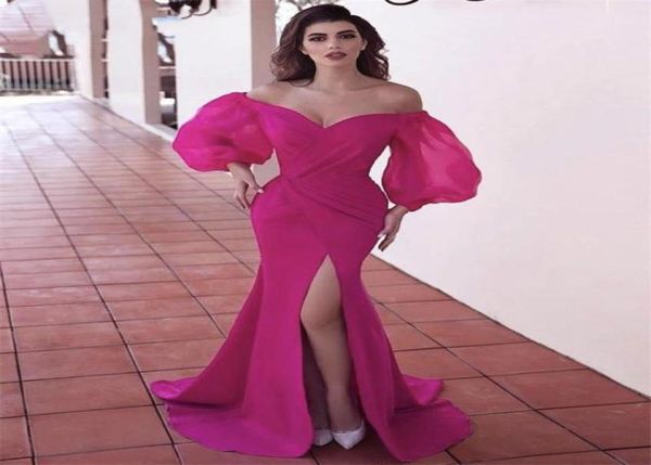 

puffy long sleeves plus size pink evening dresses for women vneck satin side slit sweep train pageant mermaid robe de soiree6004607, White;red