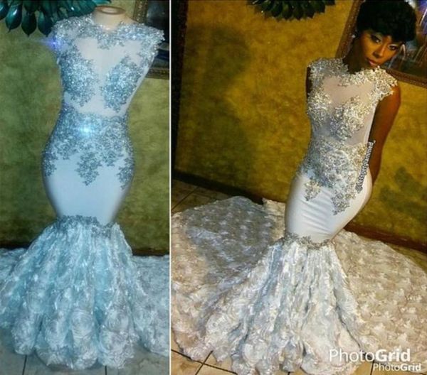 

shining beading floral white mermaid prom dresses jewel neck sleeveless appliques black girls pageant dresses formal evening gowns3601342