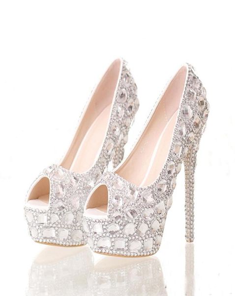 

handmade silver diamond wedding shoes peep toe platforms rhinestone prom party shoes super high heel stilettos bridal shoes2901418, Black